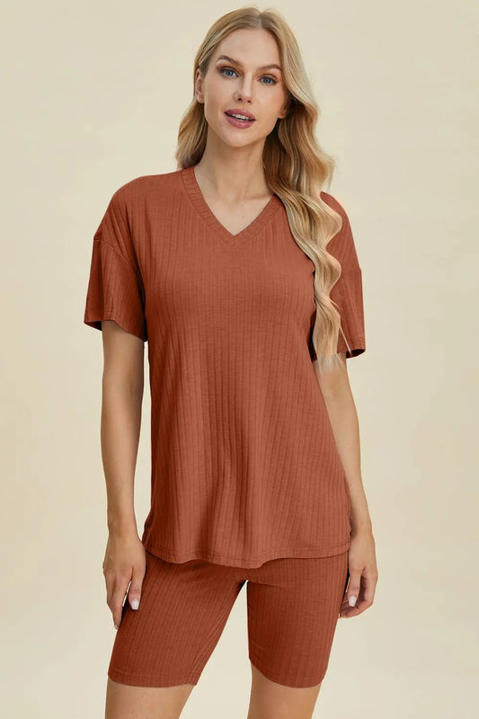 Basic Bae Full Size Ribbed V-Neck Short Sleeve Top and Shorts Set - Love Salve