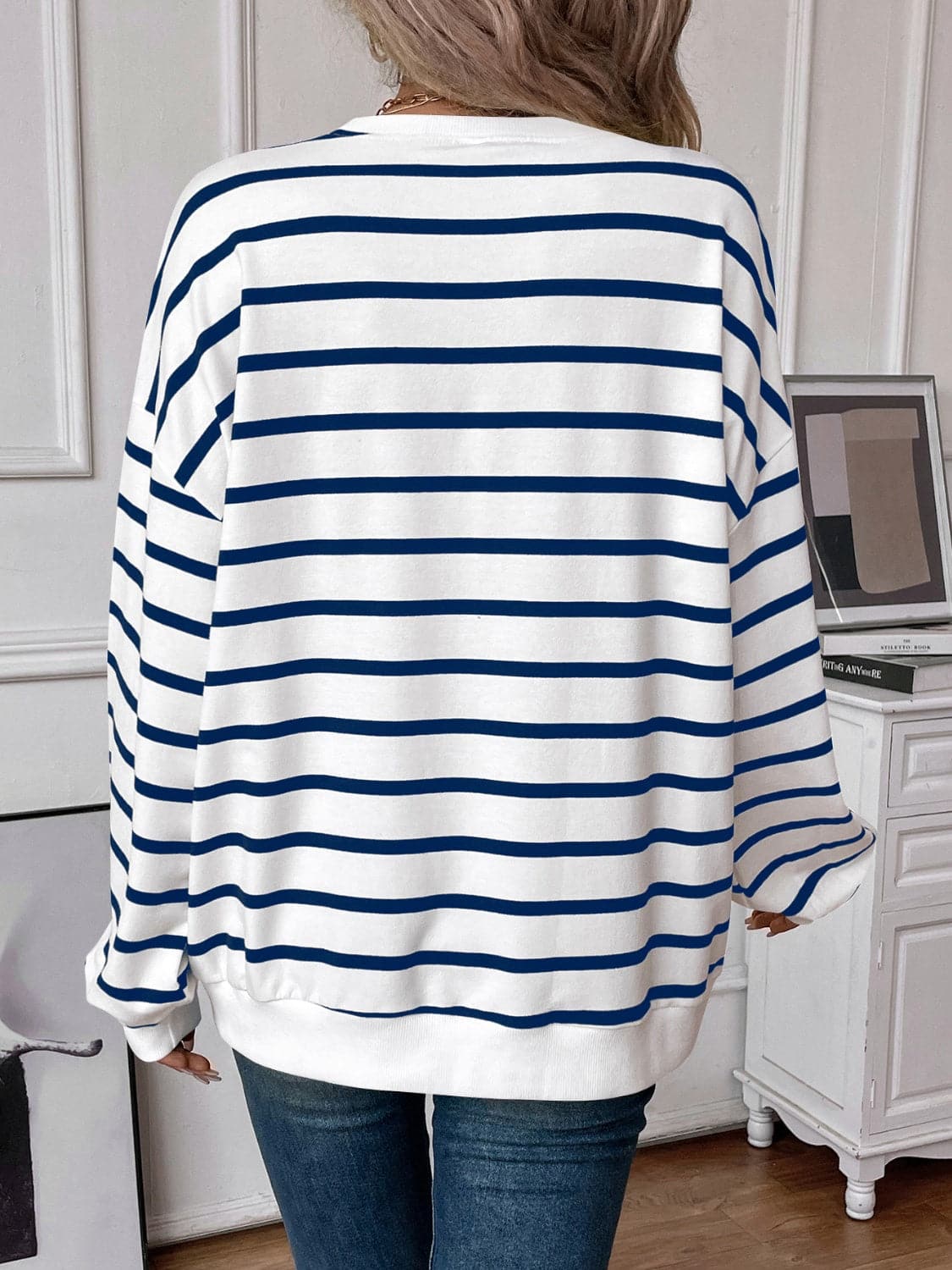 Striped Round Neck Long Sleeve Sweatshirt.