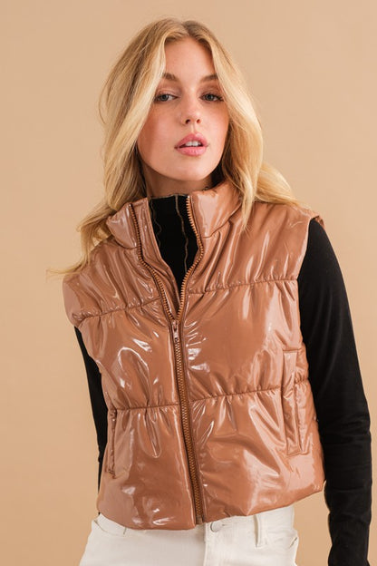 Glossy quilted crop puffer vest