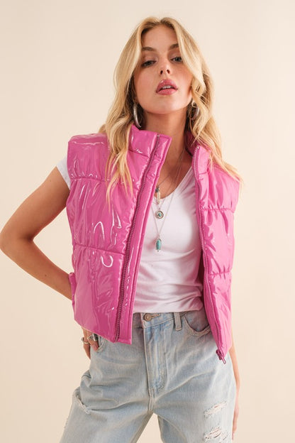 Glossy quilted crop puffer vest