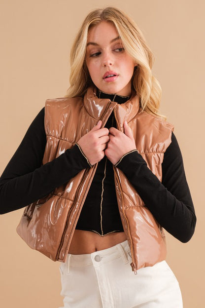 Glossy quilted crop puffer vest