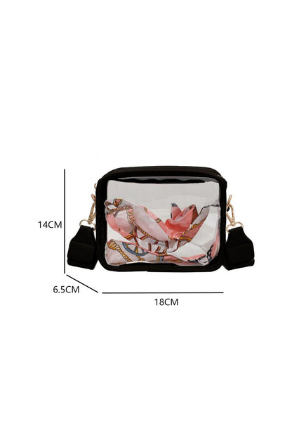 Stylish black clear PVC crossbody bag with leather strap