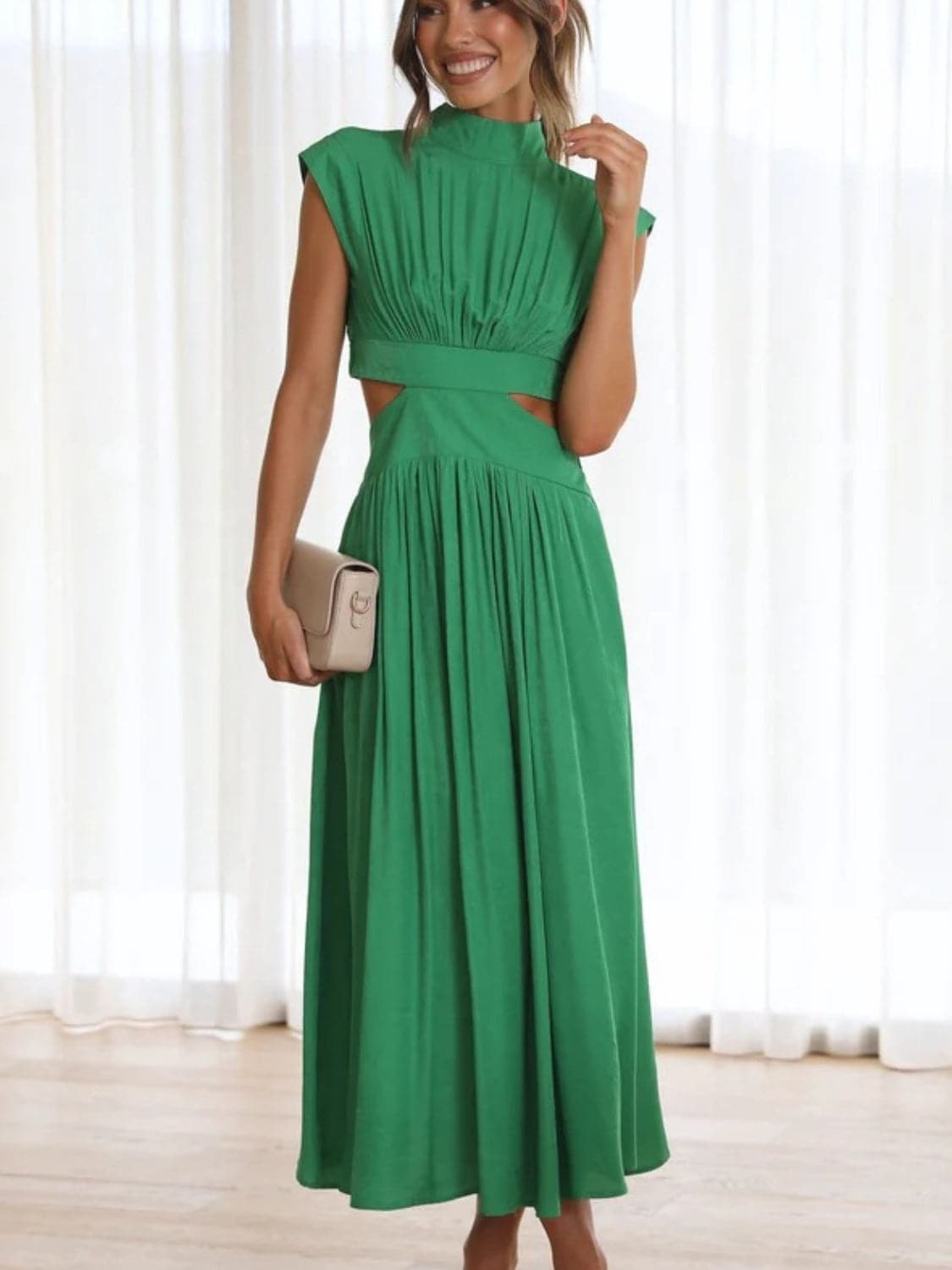 Cutout Mock Neck Sleeveless Ruched Dress.