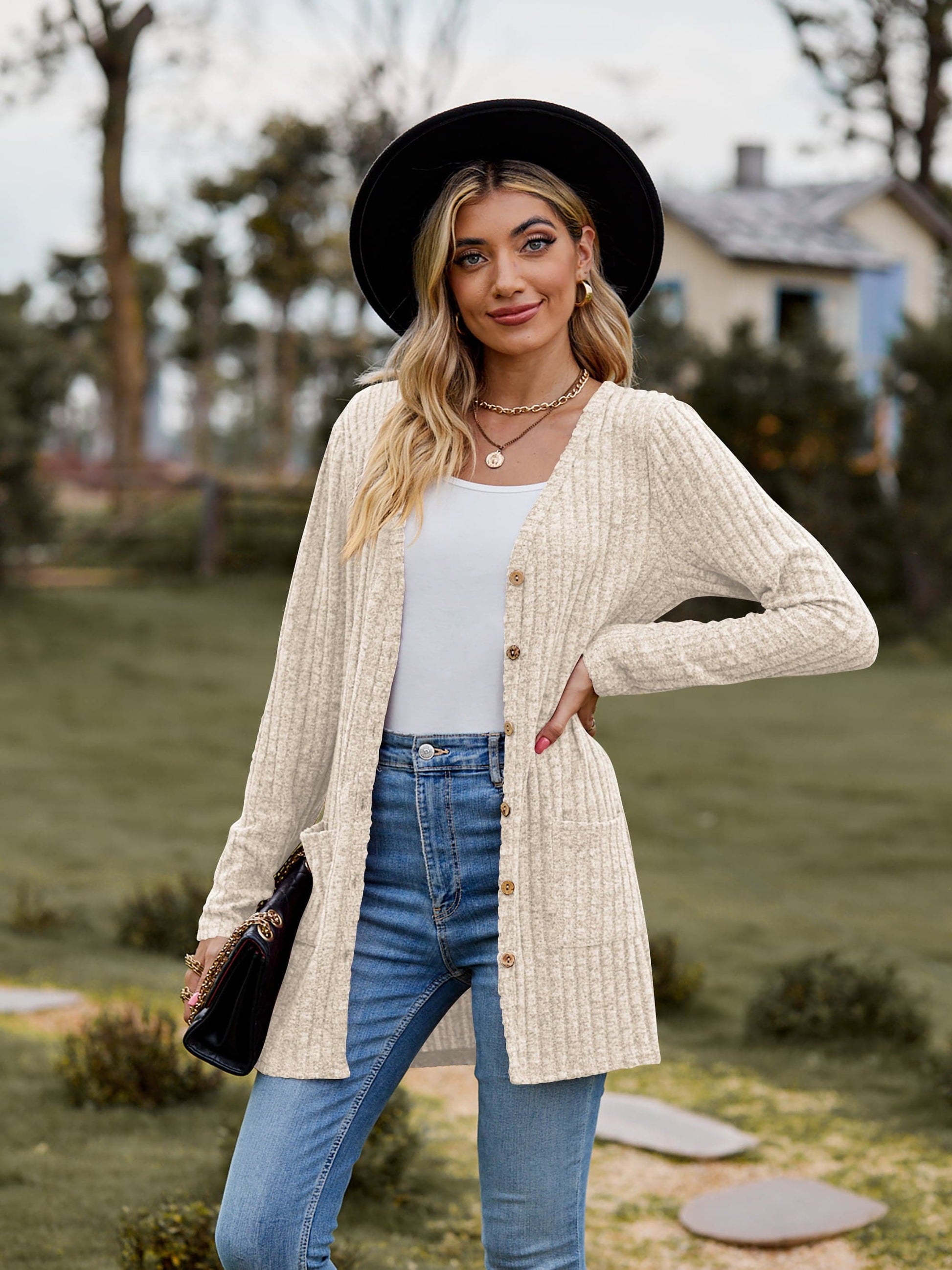 Ribbed Button-Up Cardigan with Pockets.