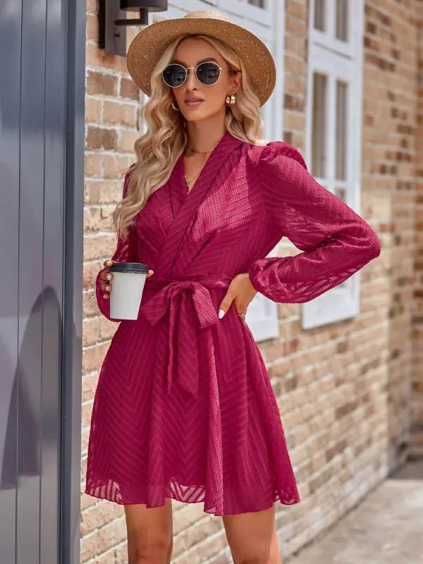 Long Sleeve Wrap Front Dress With Waist Tie And V Neck Textured Pattern Miss Sparkling