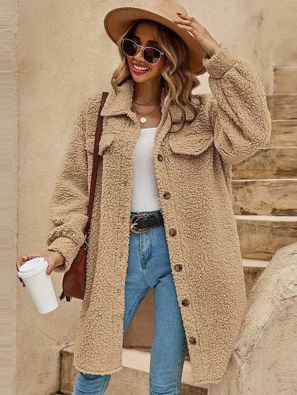 Oversized Sherpa Coat With Button Front Classic Collar And Pockets Miss Sparkling