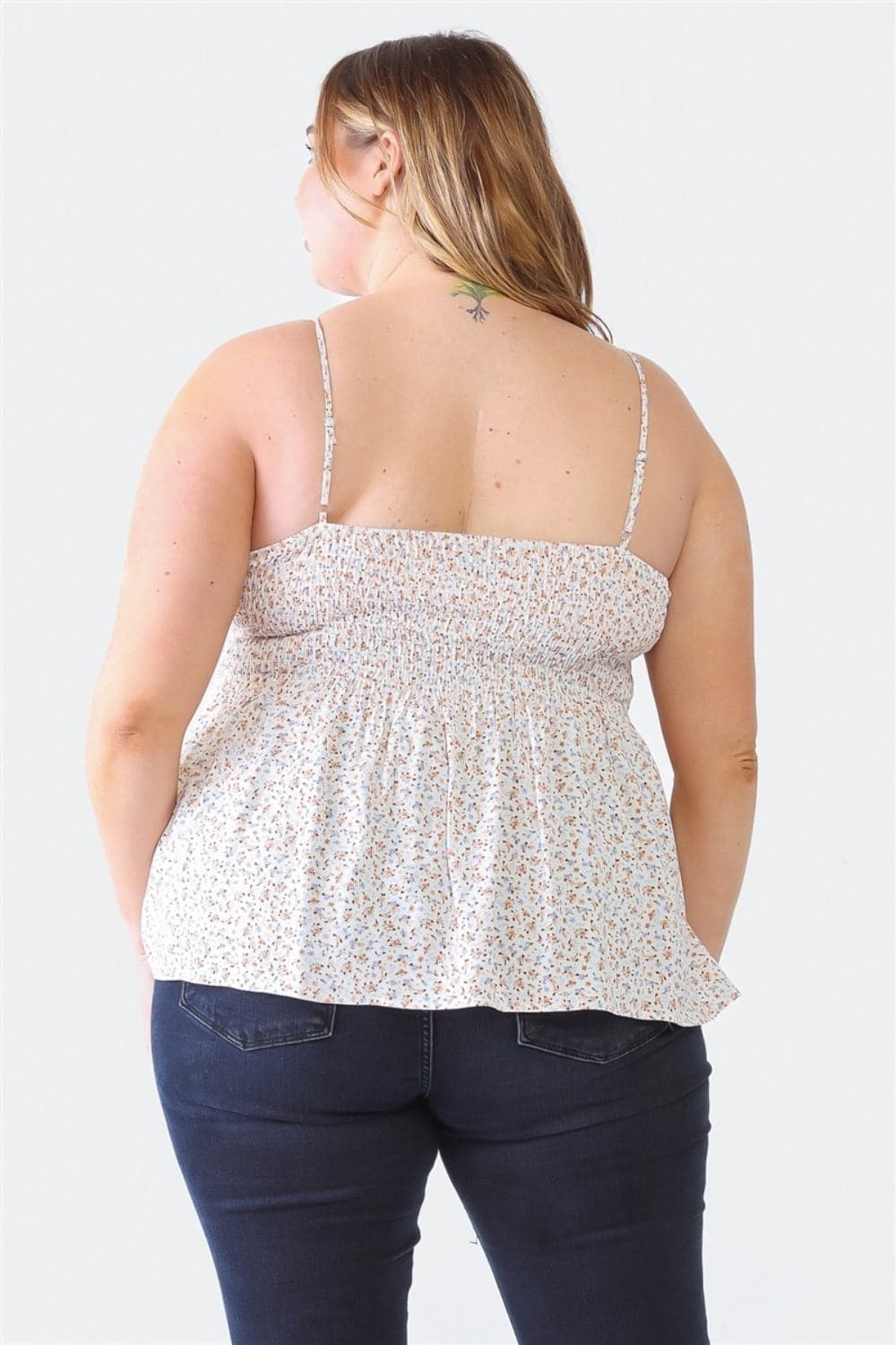 Zenobia Plus Size Frill Smocked Floral Sweetheart Neck Cami.