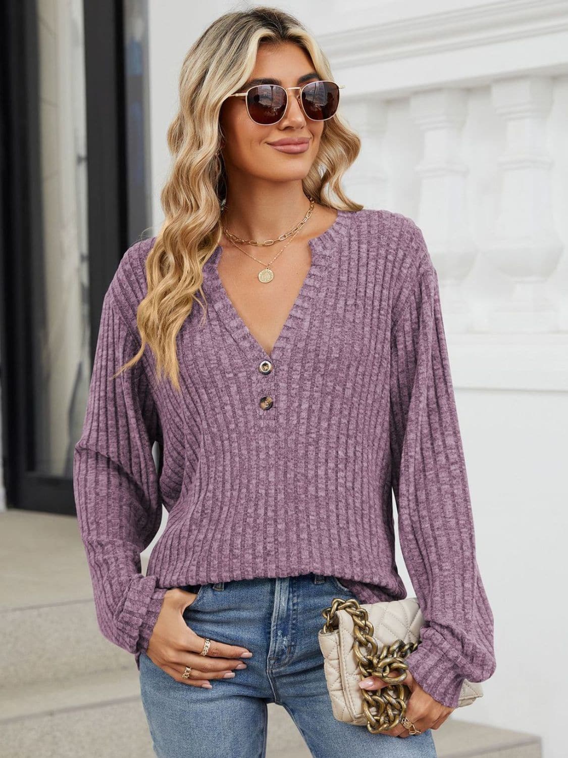 Ribbed Notched Long Sleeve T-Shirt.