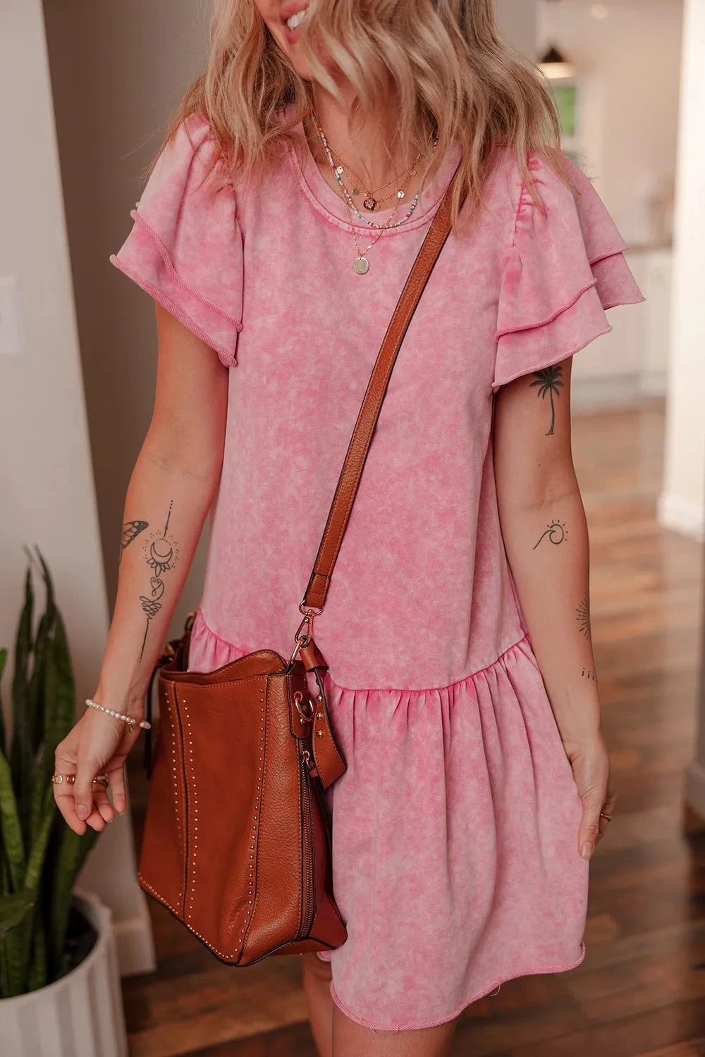 Mineral Wash Raw Edge Ruffle Mini Dress Simply Love