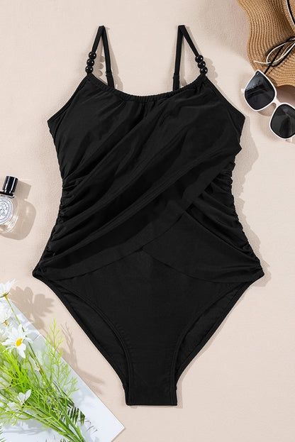 Colorblock Black Beaded Spaghetti Strap Ruched One Piece Swimsuit