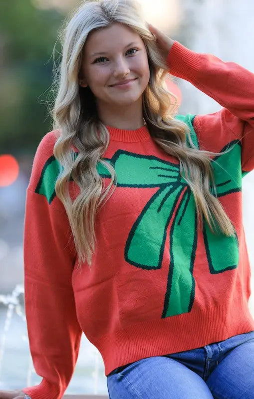 Bow Wrap Christmas Sweater Gift Wrap Intarsia Crewneck Miss Sparkling