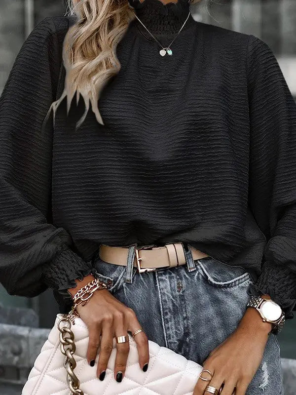 Ruffle Hem Mock Neck Puff Sleeve Top Lightweight With Elegant Pleated Texture Miss Sparkling