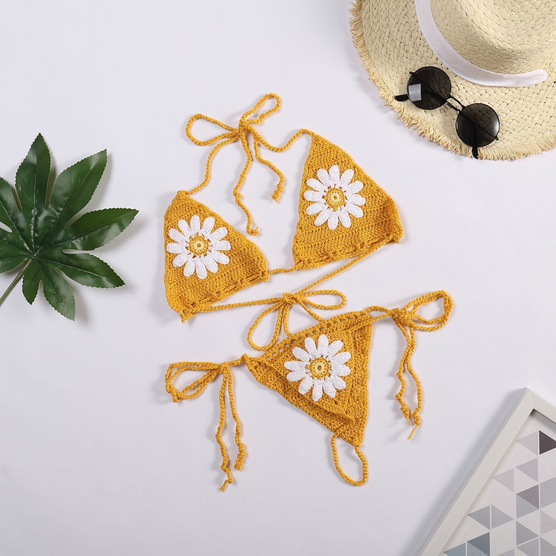 Vacation Hand Crocheting Woven Sexy Split Swimsuit Daisy Beach Bikini Set Bella Mia