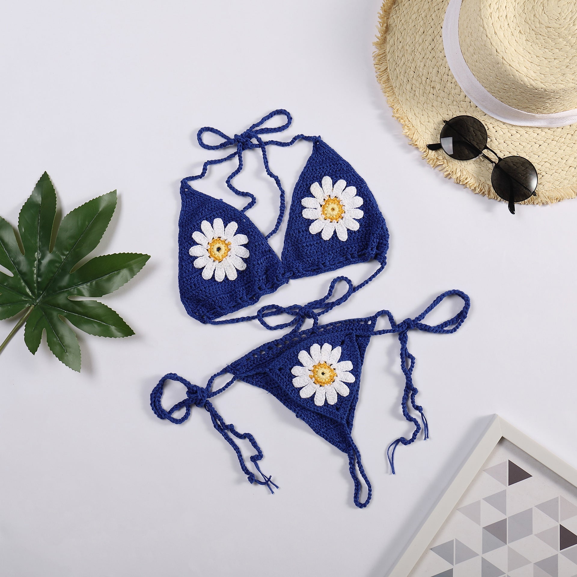 Vacation Hand Crocheting Woven Sexy Split Swimsuit Daisy Beach Bikini Set Bella Mia