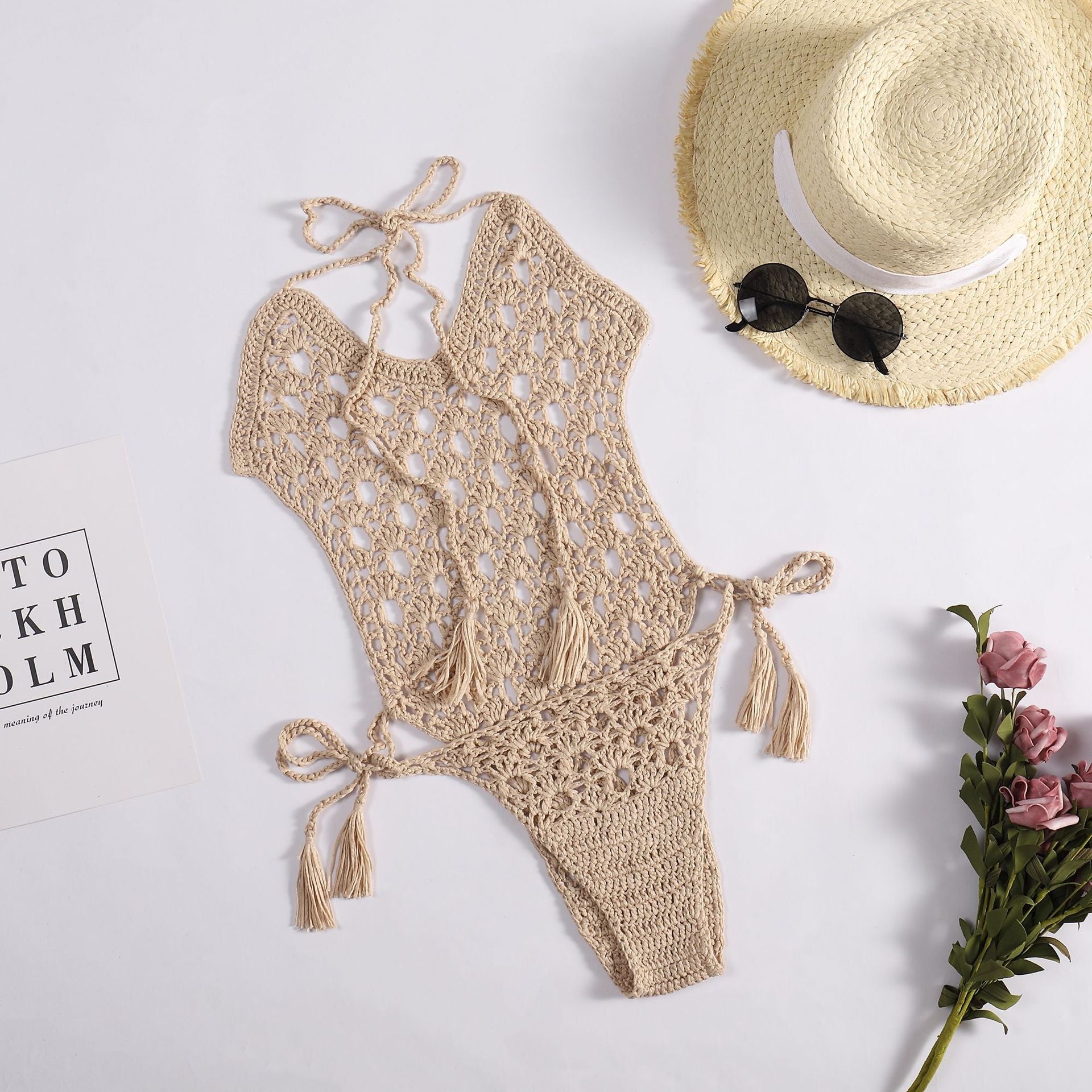 Sexy Halter Bandage Woven Hollowed Hand Crocheting Knitted Beach Bikini One-Piece Swimsuit Crochet hook Bella Mia