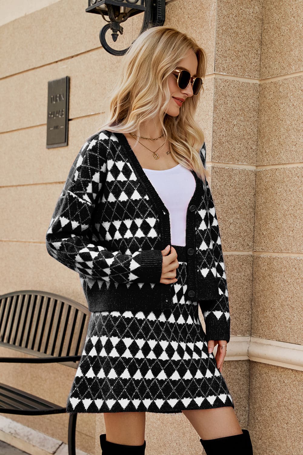 Geometric Button Front Cardigan and Skirt Set.