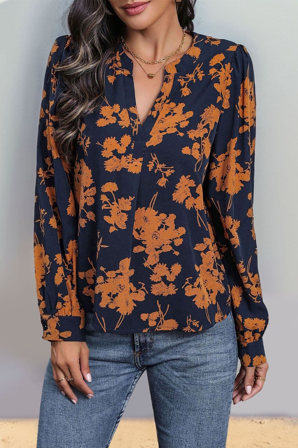 Printed Notched Long Sleeve Blouse.