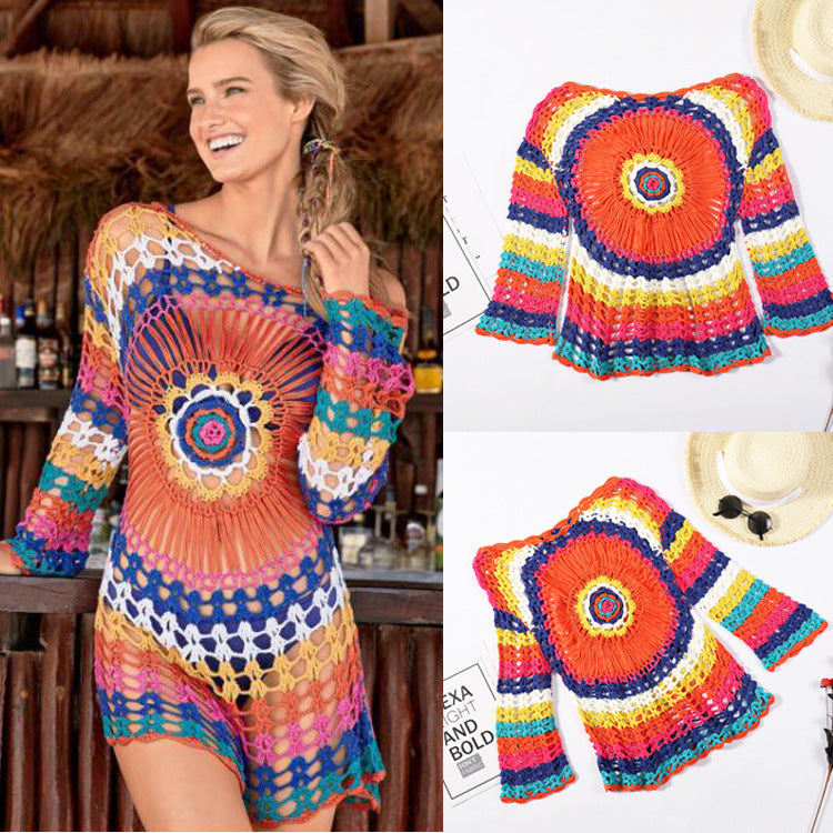 Crocheted Hollow Out Cutout Blouse Beach Knitted Blouse Long Sleeve Vacation Clothes Bikini Rainbow Sun Protection Clothing Crochet hook Bella Mia