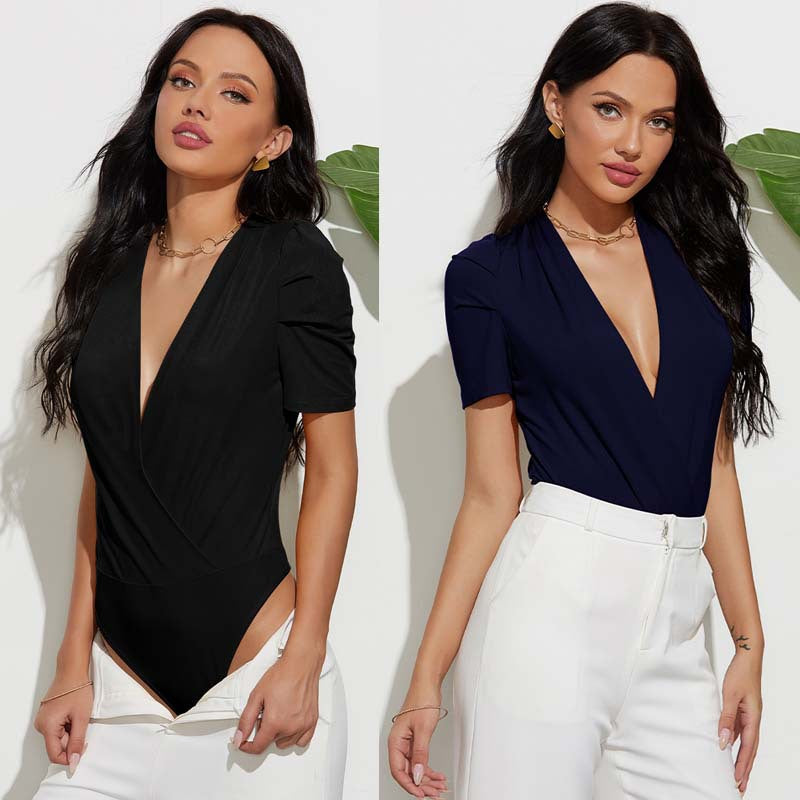 Deep V-neck Sexy Women Top Pleating Sleeve Slim Solid Color Base Shirt Figure Flattering Bodysuit Bella Mia