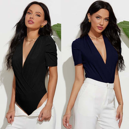 Deep V-neck Sexy Women Top Pleating Sleeve Slim Solid Color Base Shirt Figure Flattering Bodysuit
