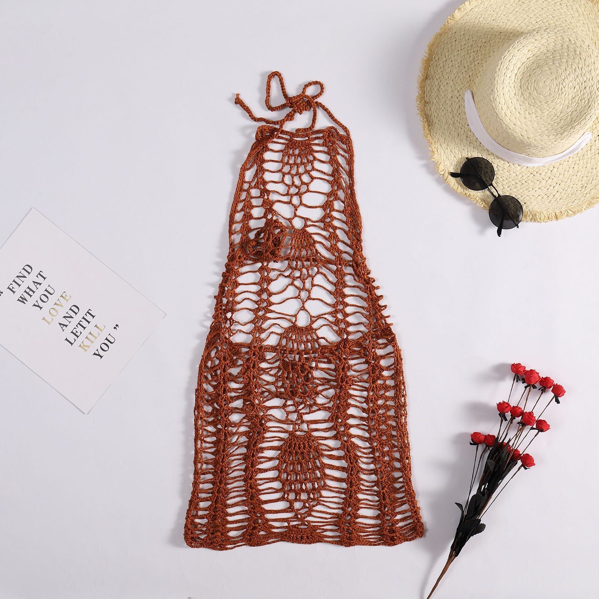Sexy Woven Beach Dress Hand Crocheting Knitted Hollow Out Cutout Beach Beach Cover Up Sun-Protective Clothing Women Crochet hook Bella Mia