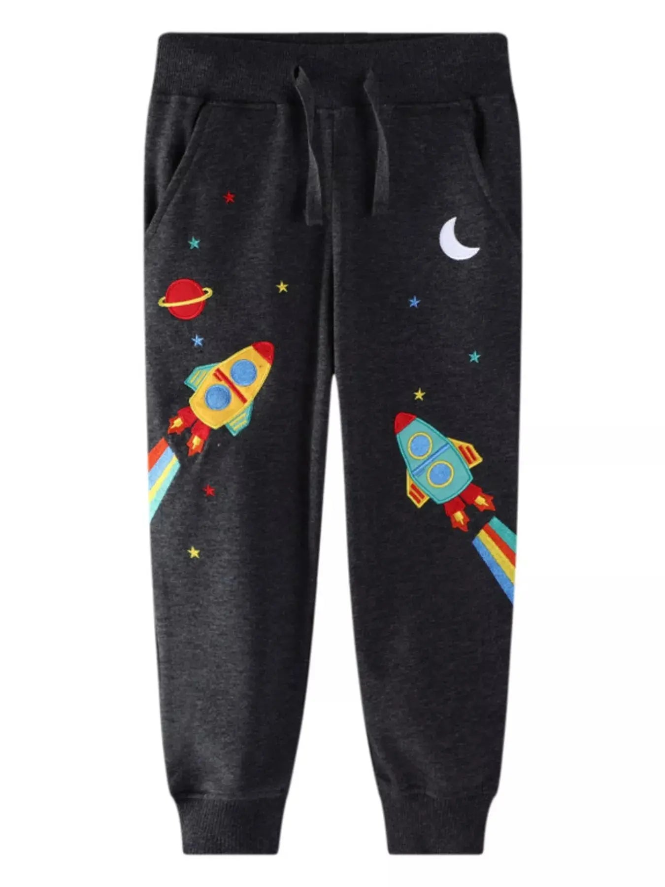 Kids Space Rocket Embroidered Joggers Made Of Soft Cotton Blend Simply Love