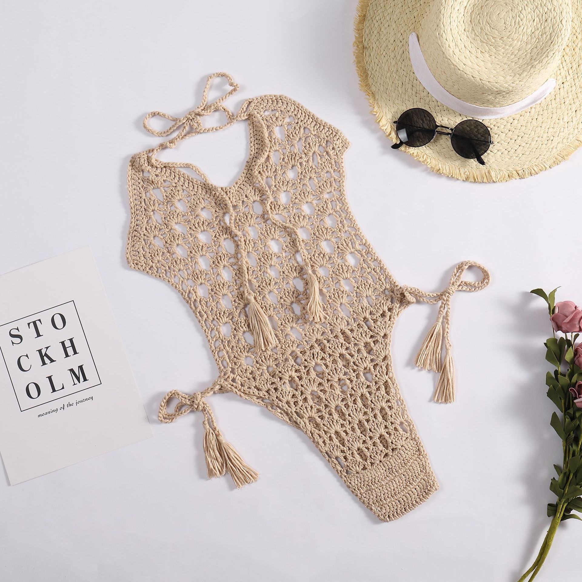 Sexy Halter Bandage Woven Hollowed Hand Crocheting Knitted Beach Bikini One-Piece Swimsuit Crochet hook Bella Mia