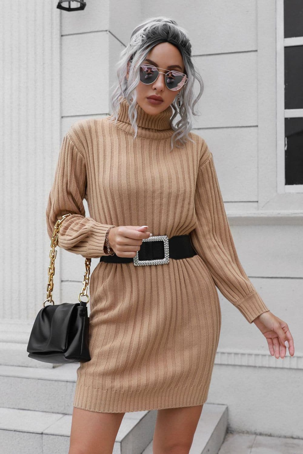 Ribbed Turtle Neck Long Sleeve Mini Sweater Dress.