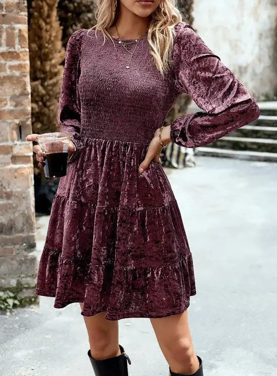 Wine Velvet Long Sleeve Dress With Smocked Bodice And Tiered Skirt Miss Sparkling