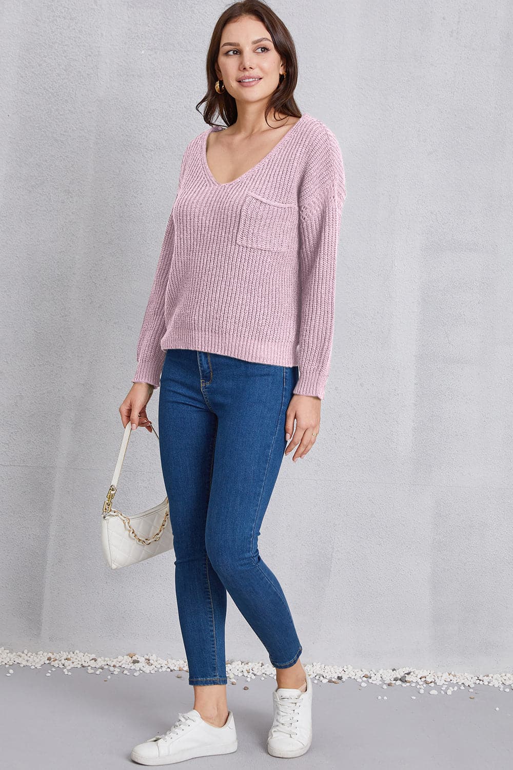 V-Neck Pocketed Dropped Shoulder Knit Top.