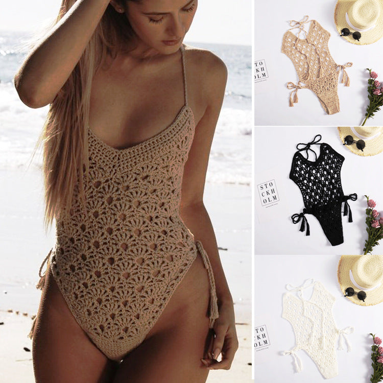 Sexy Halter Bandage Woven Hollowed Hand Crocheting Knitted Beach Bikini One-Piece Swimsuit Crochet hook Bella Mia