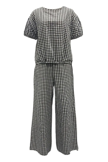 Plaid two-piece half sleeve top and pant ensemble