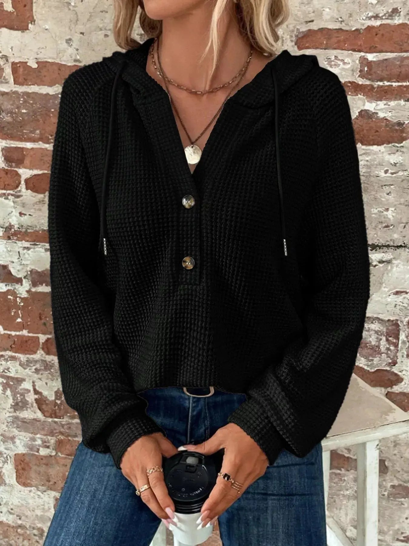 Waffle Knit Button Detail Hoodie Simply Love