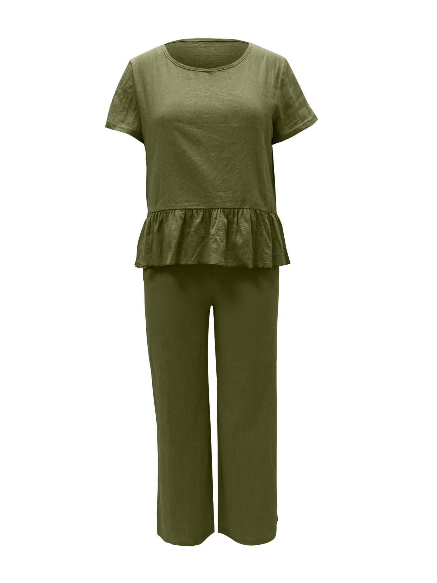 Peplum Round Neck Short Sleeve Top and Pants Set.