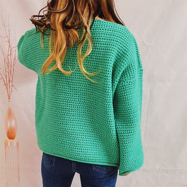 Openwork Boat Neck Long Sleeve Sweater.