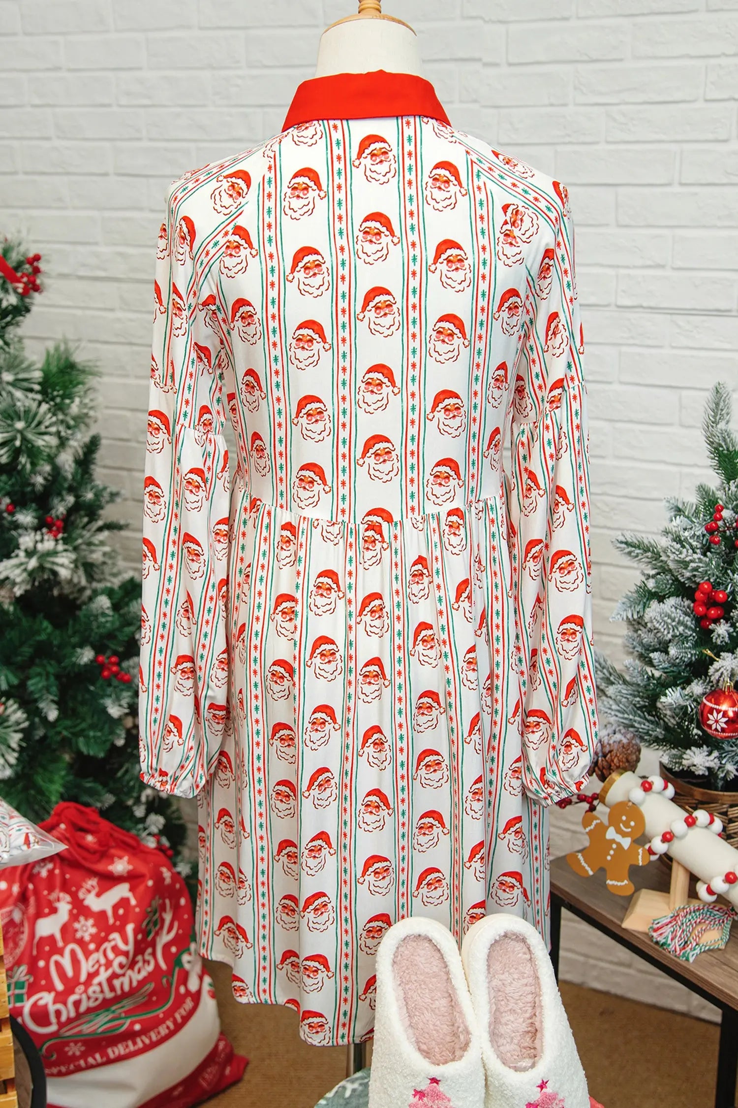 White Santa Contrast Collar Button Front Long Sleeve A Line Mini Dress Dear-Lover Dropshipping