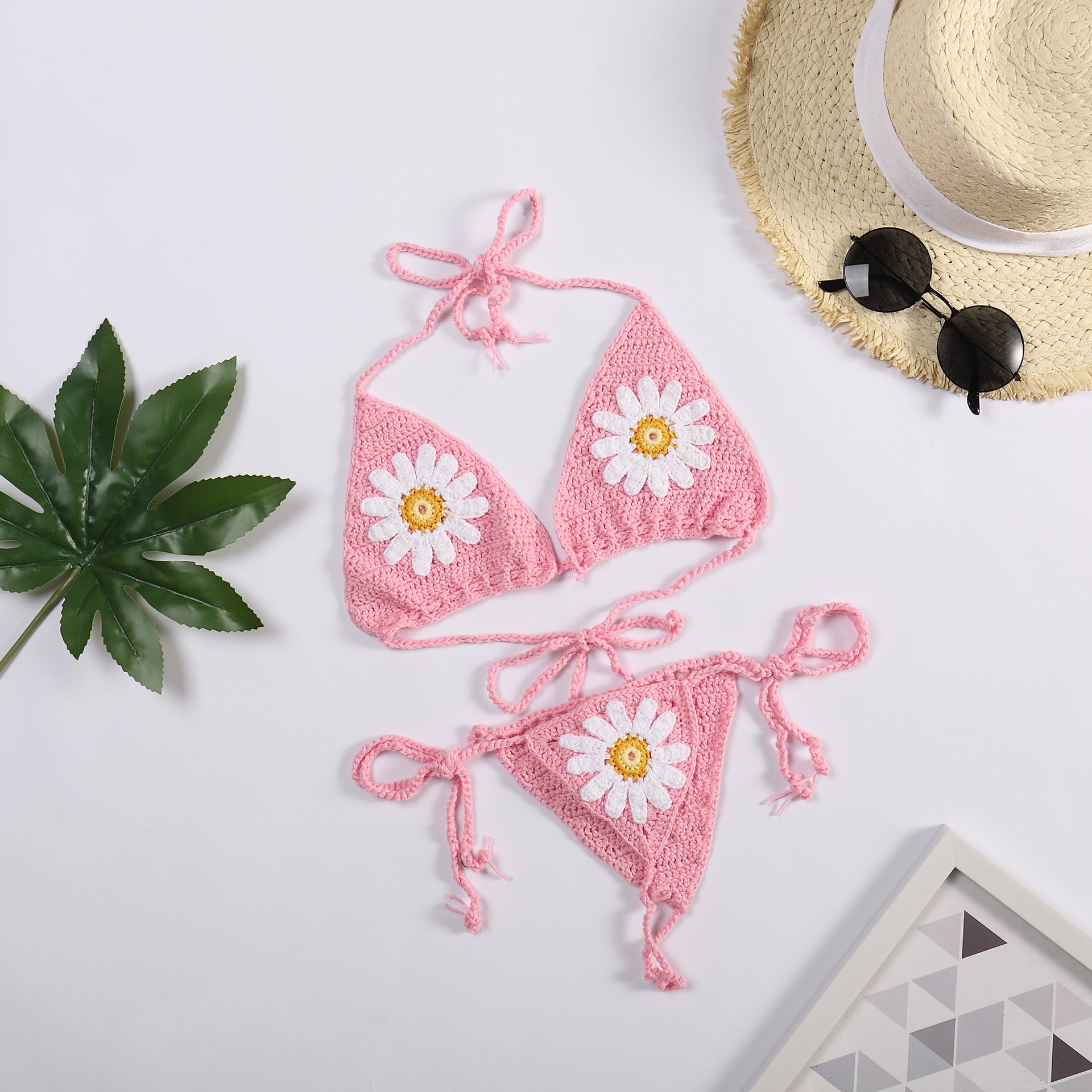 Vacation Hand Crocheting Woven Sexy Split Swimsuit Daisy Beach Bikini Set Bella Mia
