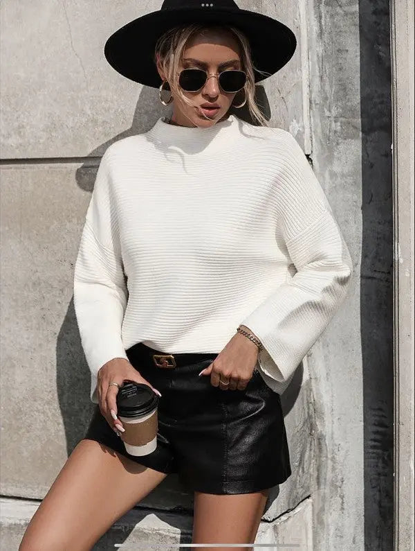 Cozy Knit Ribbed Sweater With High Neck And Wide Sleeves Miss Sparkling