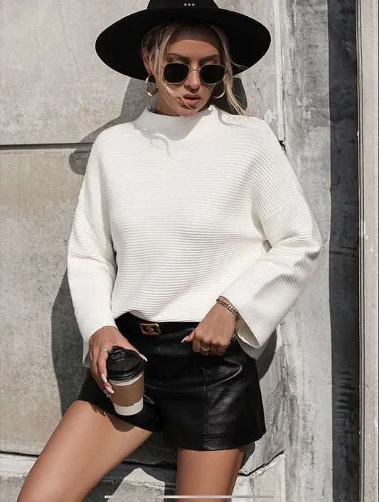 Cozy Knit Ribbed Sweater With High Neck And Wide Sleeves Miss Sparkling