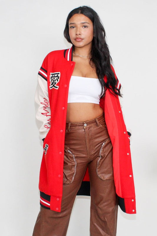 Athina heritage-inspired long fit letterman jacket