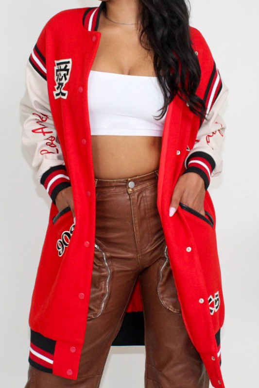 Athina heritage-inspired long fit letterman jacket