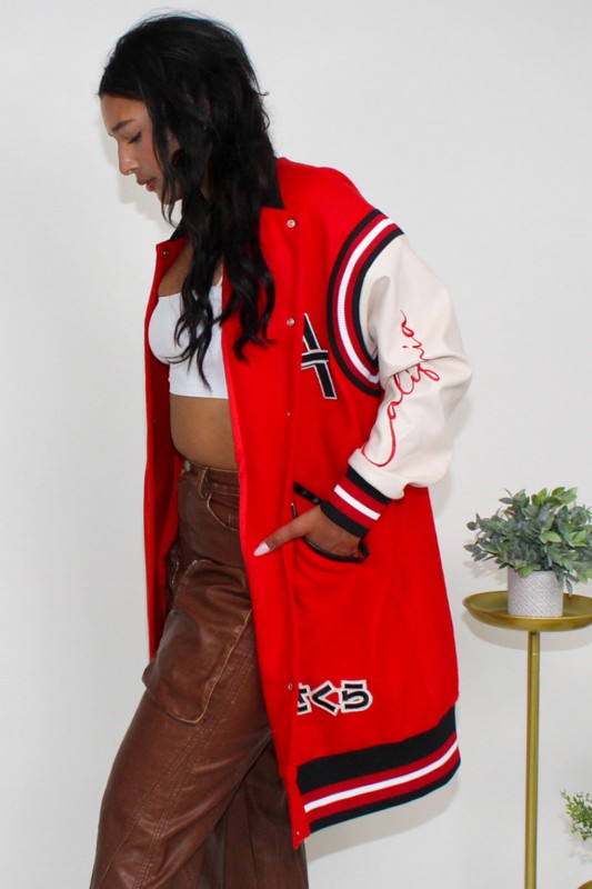 Athina heritage-inspired long fit letterman jacket