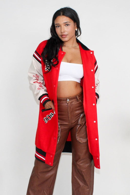 Athina heritage-inspired long fit letterman jacket