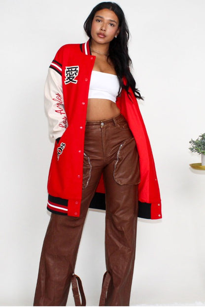 Athina heritage-inspired long fit letterman jacket