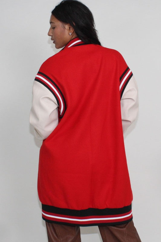 Athina heritage-inspired long fit letterman jacket