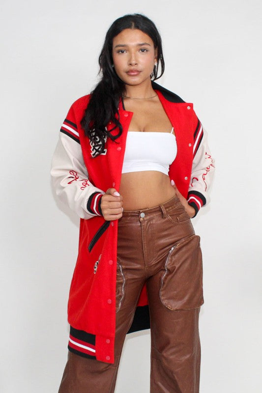 Athina heritage-inspired long fit letterman jacket