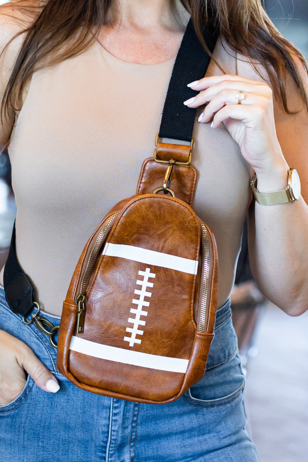 Sporty chic brown rugby football mini crossbody bag