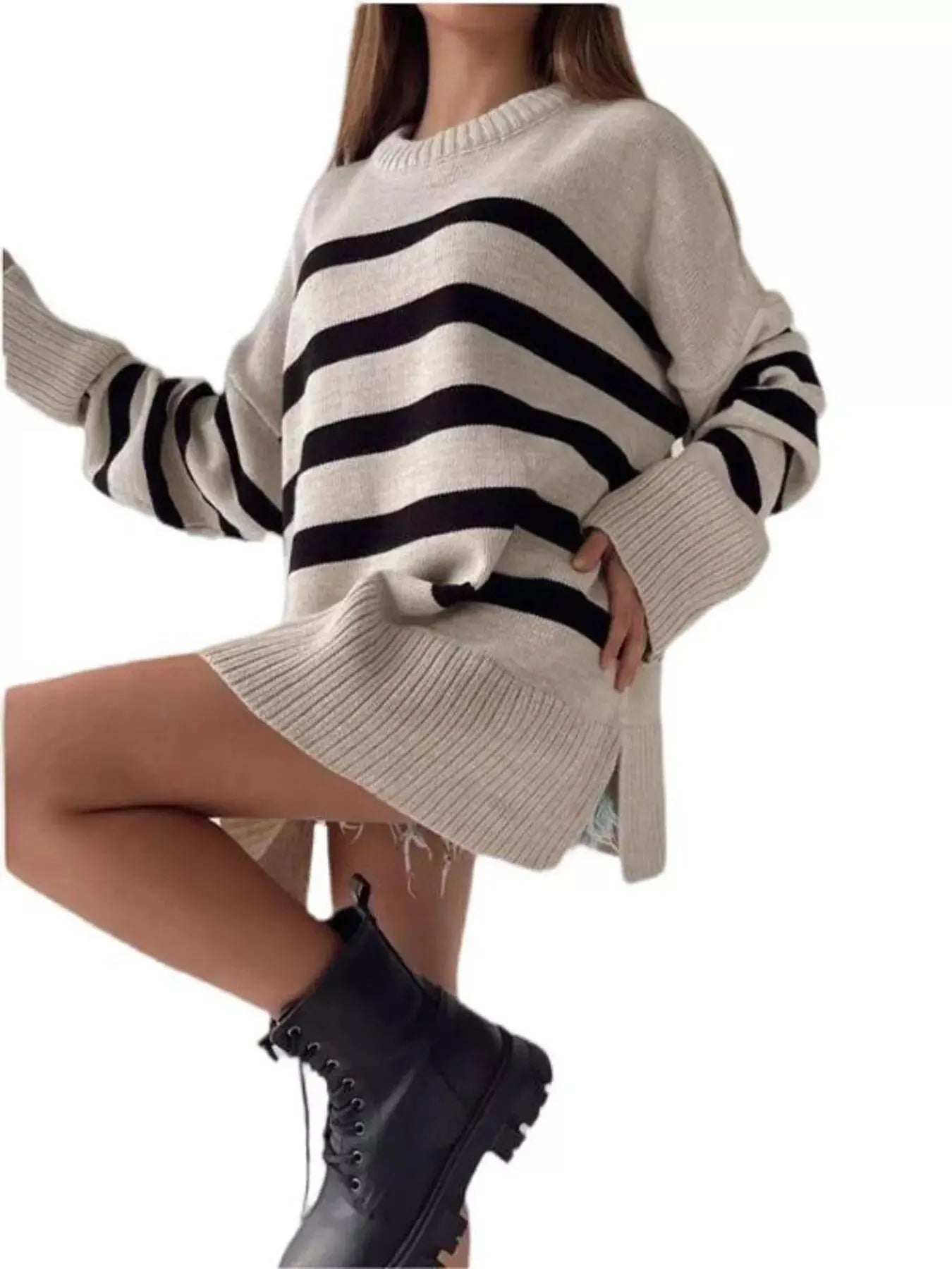Oversized Striped Knit Sweater With Side Slits Ribbed Simply Love