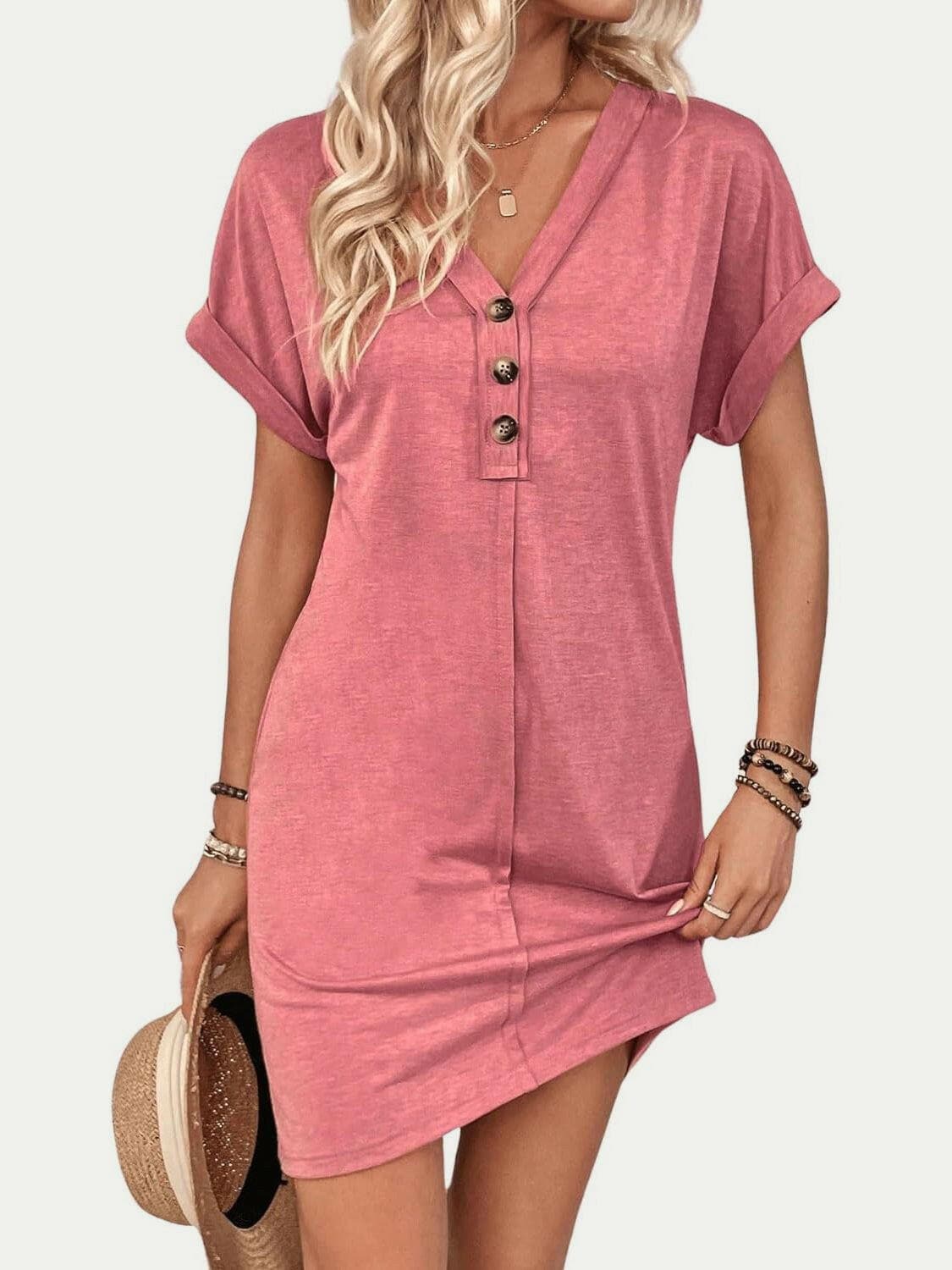 Quarter Button V-Neck Short Sleeve Dress.