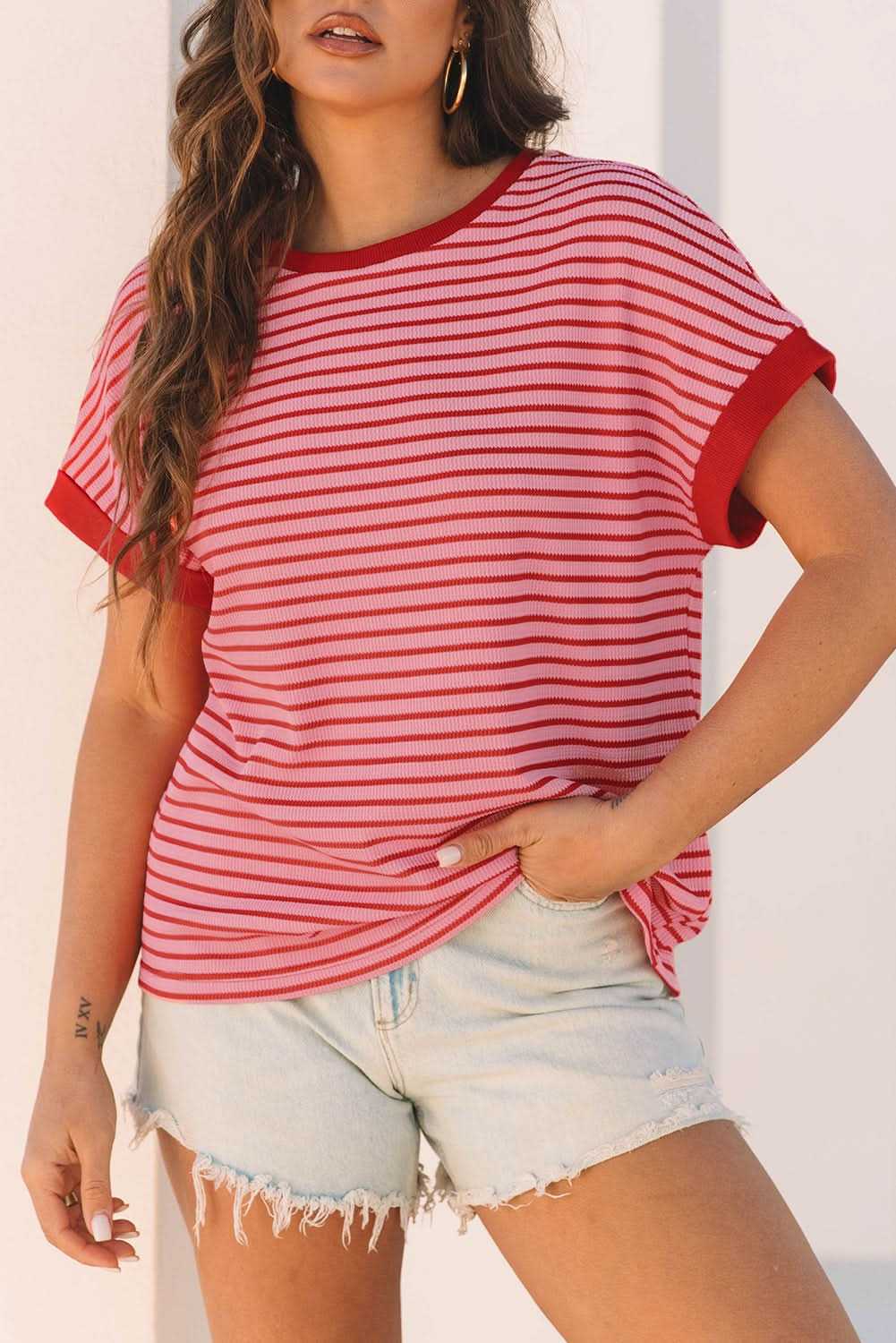 Striped Pink Knit Round Neck T-Shirt for Casual Wear